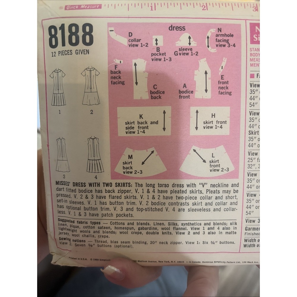 Vtg 60's Simplicity 8188 LONG TORSO DRESS PLEATED SKIRT Sewing Pattern Women 14 - Picture 4 of 5